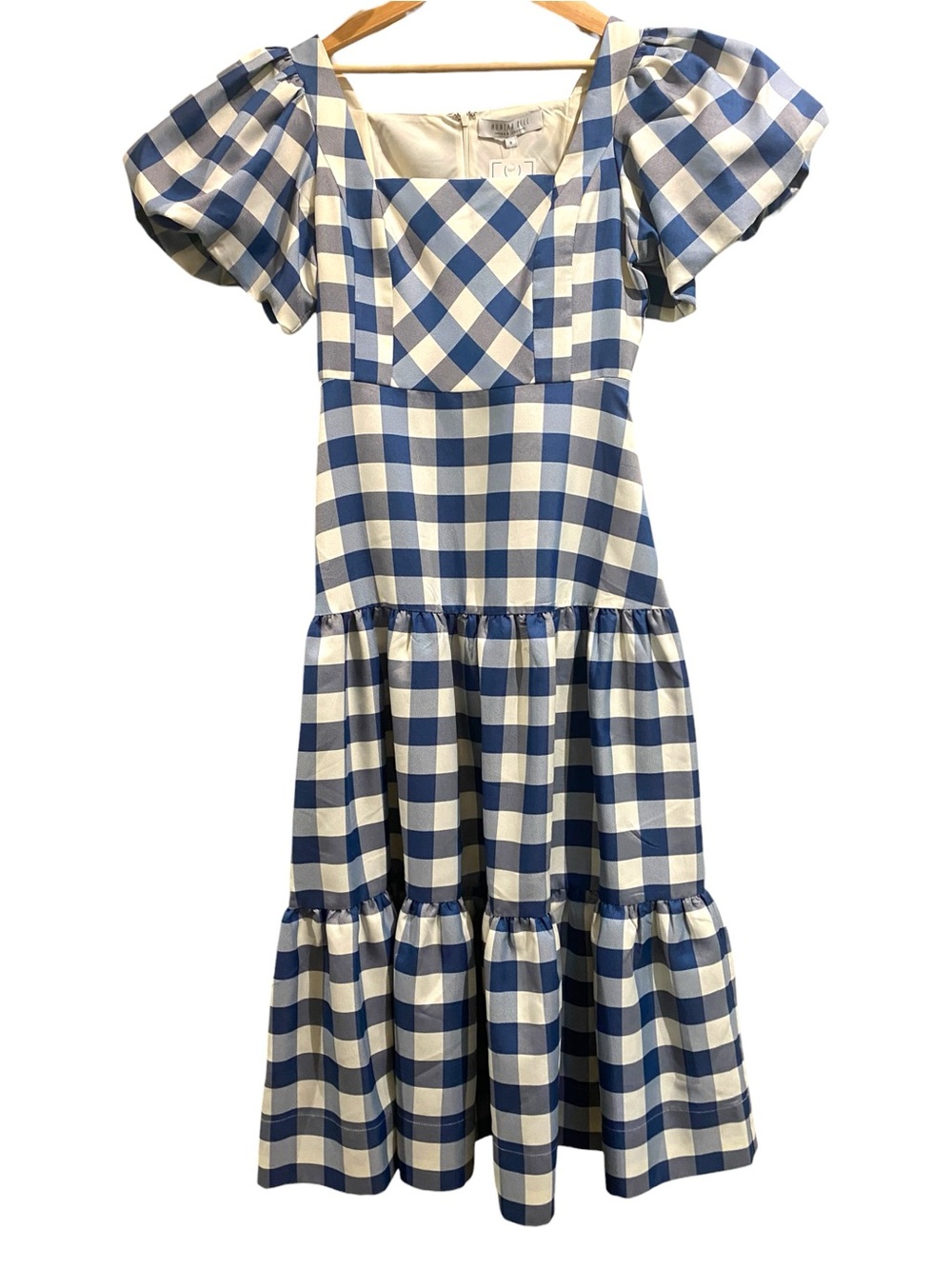 Hunter Bell Cassidy Gingham Short Puff Sleeve Square Neck Tiered Midi Dress - Picture 2 of 6